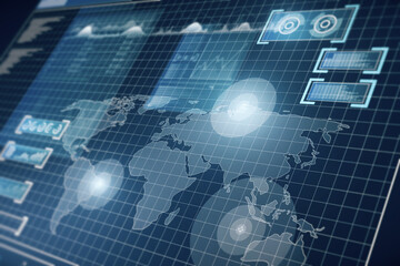 Creative blue radar map interface on blurry backdrop. Spy and hud concept. 3D Rendering.