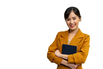 Asian businesswoman holding tablet wearing brown suit on isolated white background.
