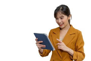 Asian businesswoman holding tablet wearing brown suit on isolated white background.