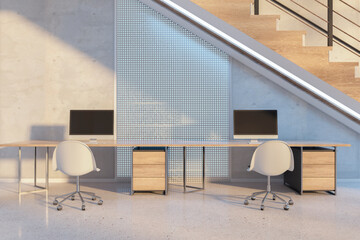 Clean wooden and concrete duplex office interior with sunlight, furniture and equipment. 3D Rendering.