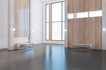 Modern wooden spacious gallery interior with window, city view and daylight. 3D Rendering.