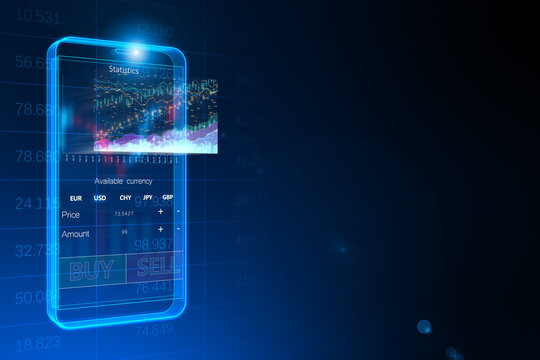 Abstract Digital Blue Mobile Phone With Cryptocurrency Buy Sell Chart And Mock Up Place On Blue Backdrop. Bitcoin And Trade Concept. 3D Rendering.