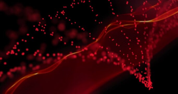 Animation of red waves and dots over black background