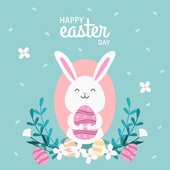 Flat Bunny Rabbit With Eggs Happy Easter Day Background
