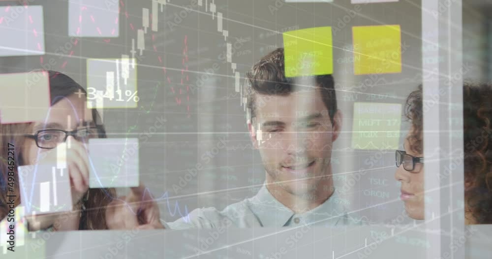 Poster animation of data processing over diverse business people taking notes