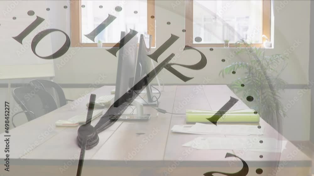 Poster animation of clock moving over office desks with computers