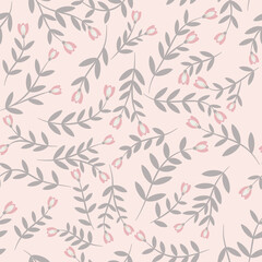 Pink flowers and grey leaves on light pink background seamless pattern