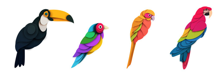 Set of abstract birds isolated on white background. Toucan, aratinga, finches, macaw. Creative 3d concept in cartoon craft paper cut style. Colorful minimal character. Vector illustration.