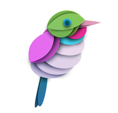 Abstract cuban tody bird isolated on white background. Creative 3d concept in cartoon craft paper cut style. Colorful minimal design character. Modern geometric vector illustration.