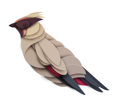 Abstract waxwing bird isolated on white background. Creative 3d concept in cartoon craft paper cut style. Colorful minimal design character. Modern geometric vector illustration.