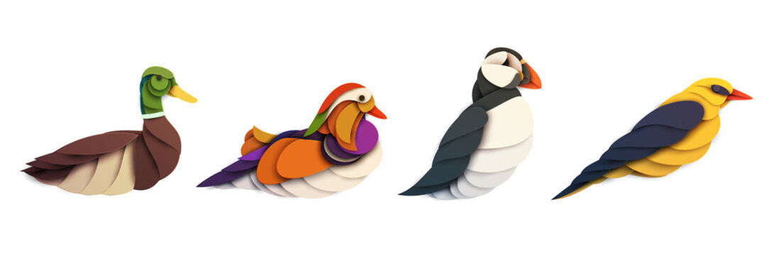 Set of abstract birds isolated on white background. Duck, puffin, oriole. Creative 3d concept in cartoon craft paper cut style. Colorful minimal character. Vector illustration.