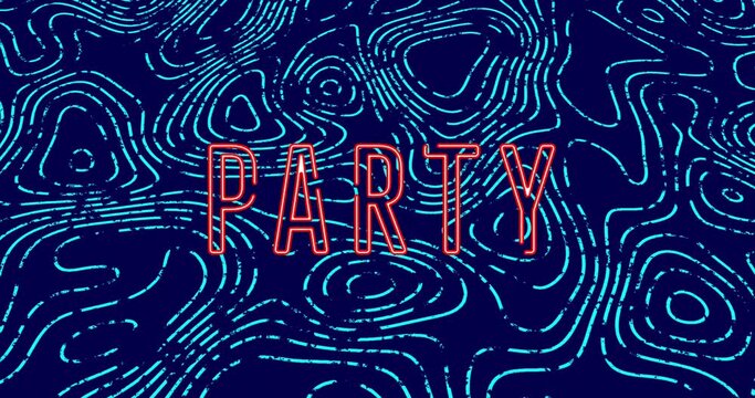 Animation of party text over shapes on blue background
