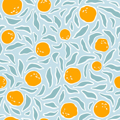 Seamless abstract tropical modern vector pattern with oranges and leaves on a light blue background