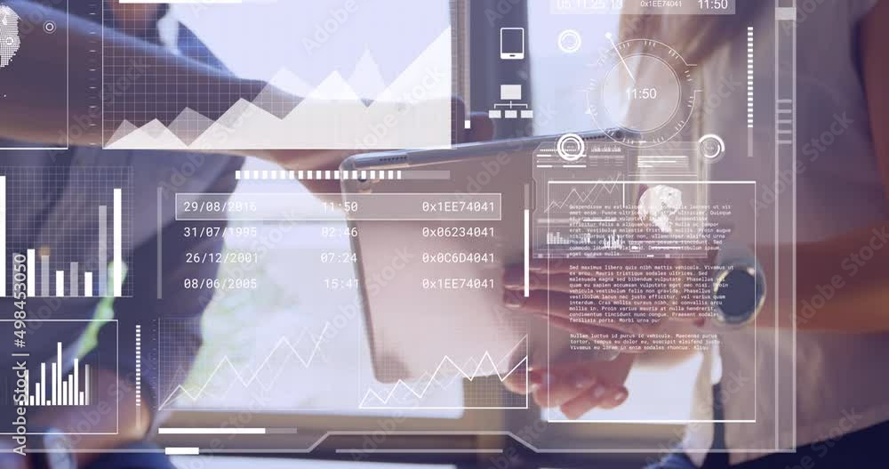 Aufkleber animation of data processing over diverse business people using tablet