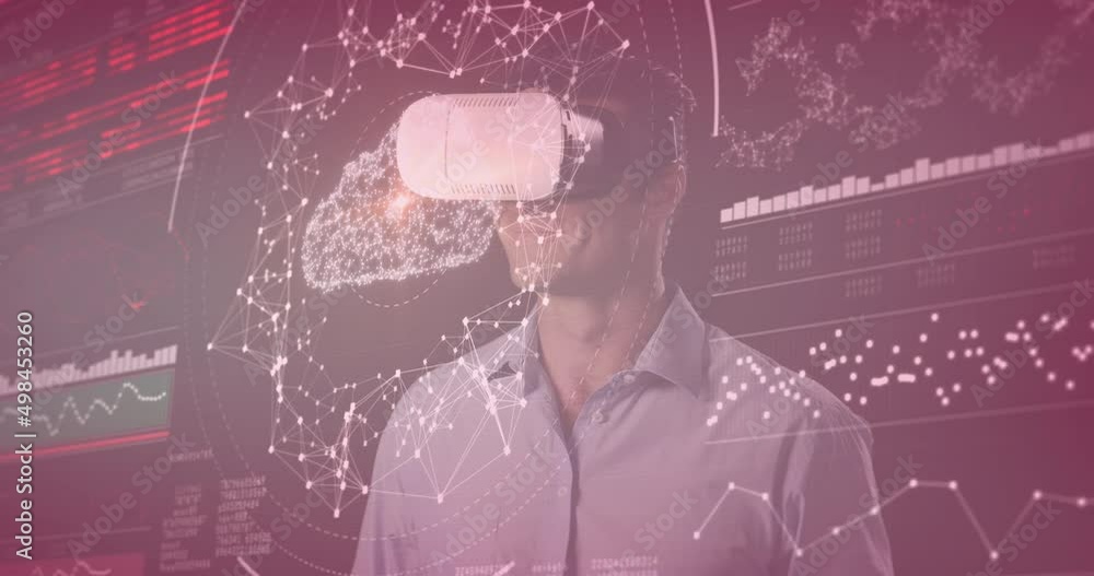 Poster animation of data processing over caucasian man with vr headset