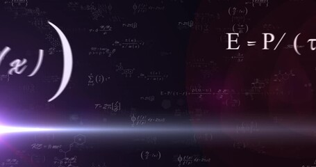 Animation of mathematical equations and light trail on black background - Powered by Adobe