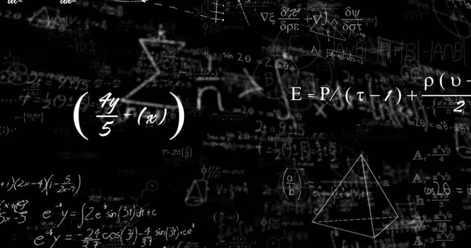 Animation of mathematical equations and data processing on black background