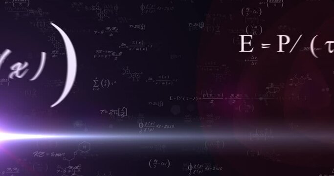 Animation of mathematical equations and light trail on black background