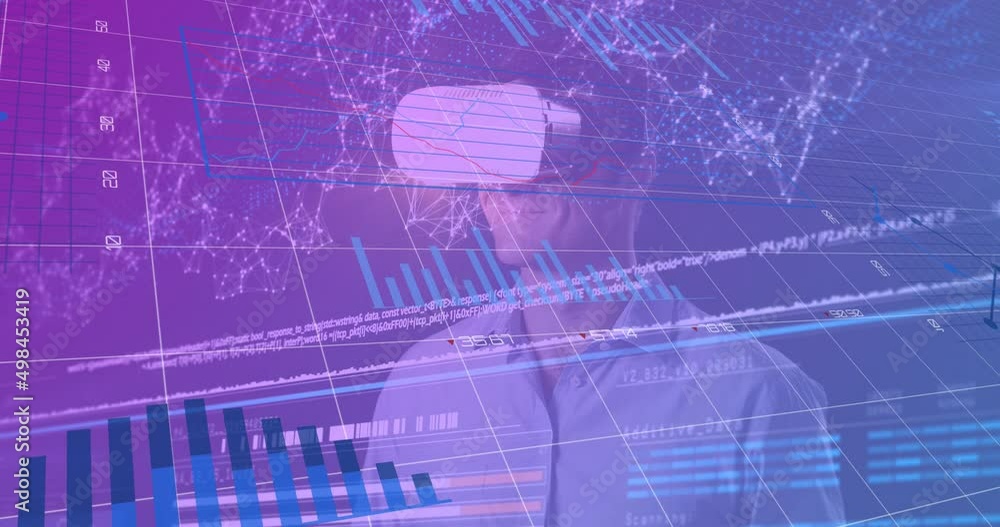 Poster animation of data processing over caucasian man with vr headset