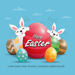 happy easter greetings with easter egg and two rabbits illustration