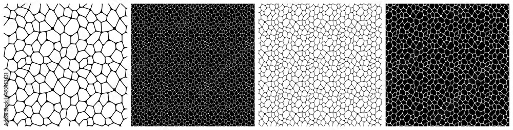 Poster black and white voronoi seamless patterns vector set. irregular geometric shapes repeated backdrop. 