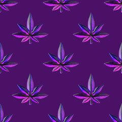 Cannabis leaves seamless pattern. Growing hemp, medical marijuana, recreational weed concept 3D style hippie background.