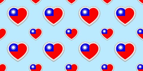Taiwan flag seamless pattern. Taiwanese vector stickers. Love hearts symbols background. Good choice for sports pages, travel, geographic, elements. repeated flags icons patriotic wallpaper.
