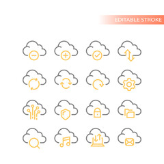Cloud data storage vector icon set. Upload, download service sharing outline icons.