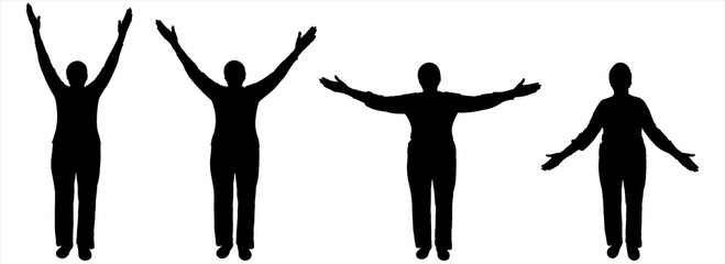 An older woman performs physical exercises: legs in place, arms spread apart. Black silhouette of an elderly woman in long pants and a long sleeve sweater. An older woman slowly raises her hands up.