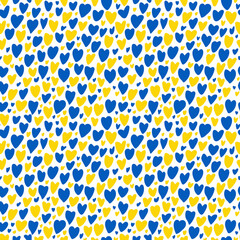 Seamless pattern witn yellow and blue hearts. Stop War in Ukraine concept vector illustration. Heart, love for Ukraine, Ukrainian flag and map illustration. Save Ukraine from Russia.