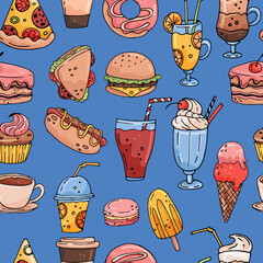 Seamless vector pattern with hand drawn food and drinks. color sketch on blue background