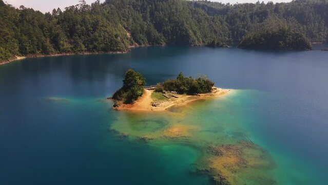 Aerial: beautiful island, Lagunas de Montebello National Park, Mexico