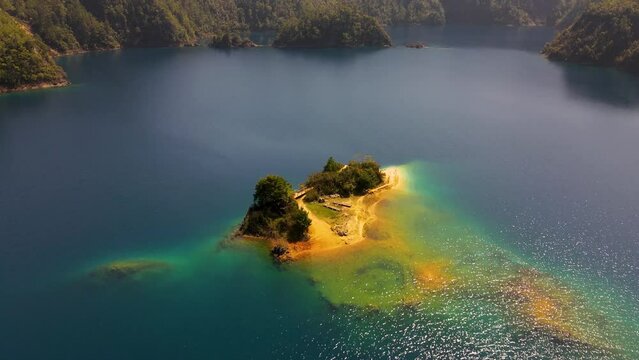 Aerial: island in Lagunas de Montebello National Park, Mexico, 4K landscape