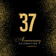 37 Year Anniversary Celebration Vector Template Design. 37 years golden anniversary sign. Gold glitter celebration. Light bright symbol for event, invitation, party, award, ceremony, greeting.