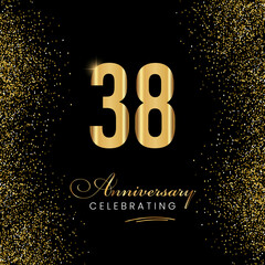 38 Year Anniversary Celebration Vector Template Design. 38 years golden anniversary sign. Gold glitter celebration. Light bright symbol for event, invitation, party, award, ceremony, greeting.