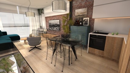 SALON COMEDOR DE LOFT DE ESTILO SOFISTICADO E INDUSTRIAL CLASICO