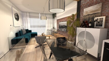 SALON COMEDOR DE LOFT DE ESTILO SOFISTICADO E INDUSTRIAL CLASICO