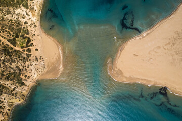 Bird's-eye view of Prasonisi beach in Rhodes. 2 sea meet each other