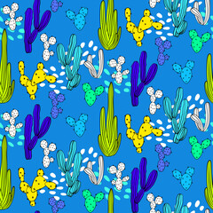 Vector seamless half-drop pattern, with cactus