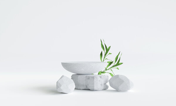 White stone podium for product presentation. Mockup for exhibitions, 3d illustration