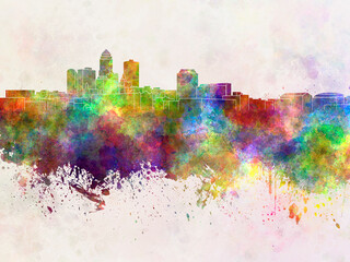 Des Moines skyline in watercolor background