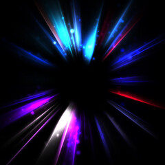 Pretty background of crossing beams of light and glowing particles. Wallpaper of vibrant colorful lights. Shinny light display.