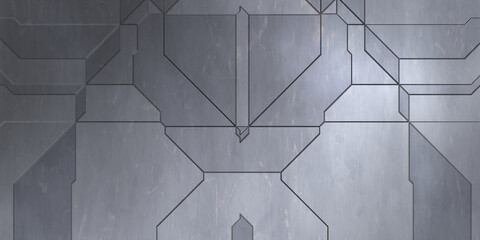 Futuristic conceptual design background. Spaceship texture wallpaper. Brushed technology pattern surface. 3D illustration. Symmetrical SciFi panels wall.