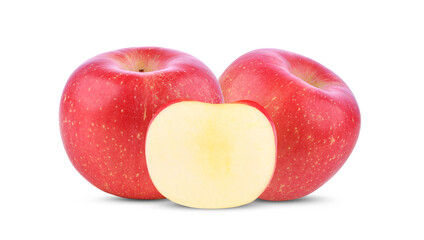 Whole, sliced fresh red apple isolated on white background.