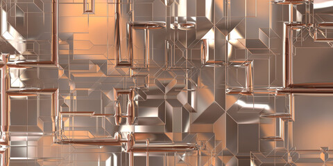 Glossy satin finish surface technology 3D pattern. Metallic panel texture with luxurious reflection. Polished geometric metal reflective futuristic material for background, wallpaper, spaceship hull.