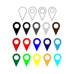 Set of location icons. Colorful location, route icons set isolated on the white background. GPS location map icon. Location pin icons set. Map marker point icon.