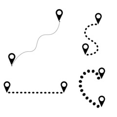 Route icons set. Line path icon. Route with location pin. Map, gps distance icons set. Roadmap icons isloated on the white background. Path route vector icon.