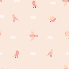 Seamless pattern with cute pink birds and clouds on beige background. Childish simple vector illustration for design, fabric and textiles.