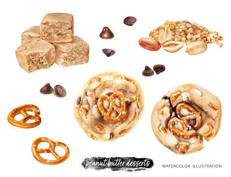 Peanut cookies pretzel watercolor isolated on white background. Peanuts, peanut butter fudge, cookies pretzel , chocolate drops