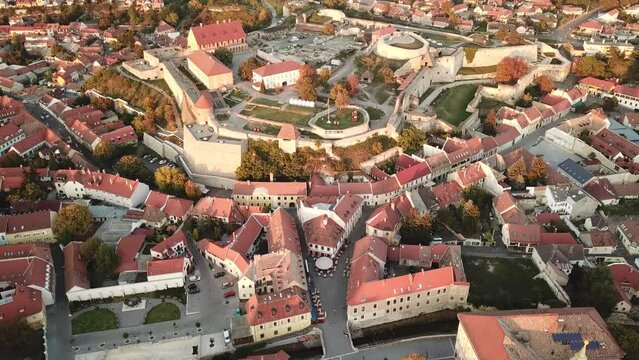 Cinematic 4K aerial drone flyover footage of the Castle of Eger in the city of Eger, major tourist destination in Northern Hungary, capital of Heves county